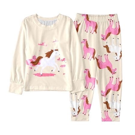 XAOFW Girl s Outfits Sets Long Sleeve Crew Neck Cartoon White Horse Print Top Pant Two Piece Outfit Relaxed Fit Outfit Club Party Breathable Trendy Clothing Sets
