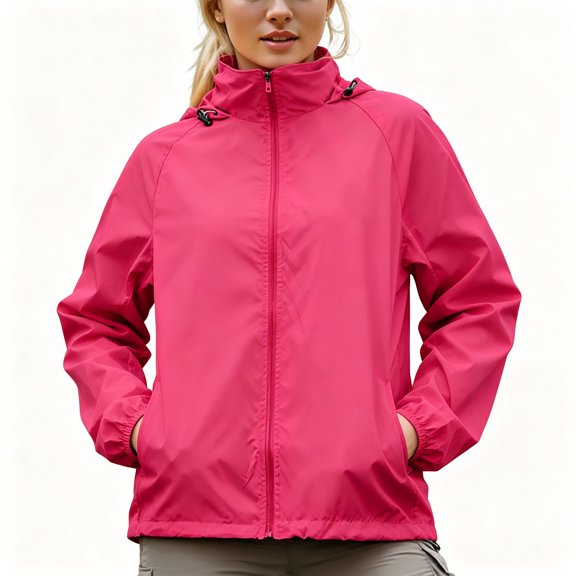 BCSIOAOI Jackets for Women,Hood Zip Waterproof Lightweight Outdoor Windbreaker Jacket with Pockets Hot Pink XL