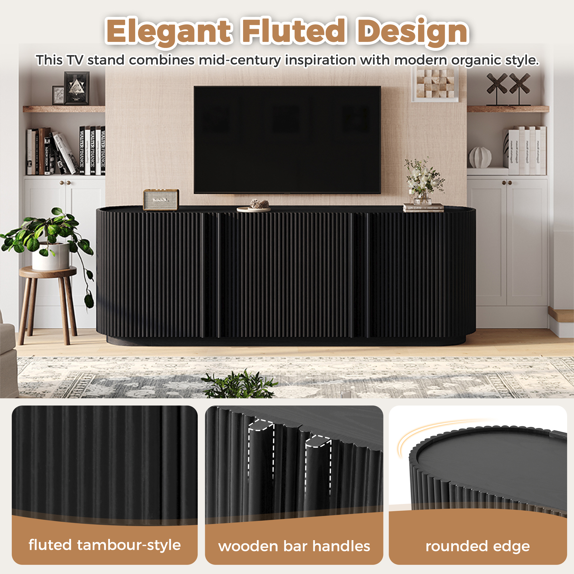 Leumius Mid Century Wood TV Stand with Fluted Tambour-Style Door, Farmhouse Media Console with Adjustable Shelves, Curved Edge TV Cabinet with Cable Management for Living Room, Black