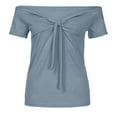 thumbnail image 3 of Ersazi Womens Tops V Neck Summer in Clearance Fashion Women Sexy Casual Color Bow Off Shoulder Blouse Crop Tops Shirt Blue S, 3 of 5