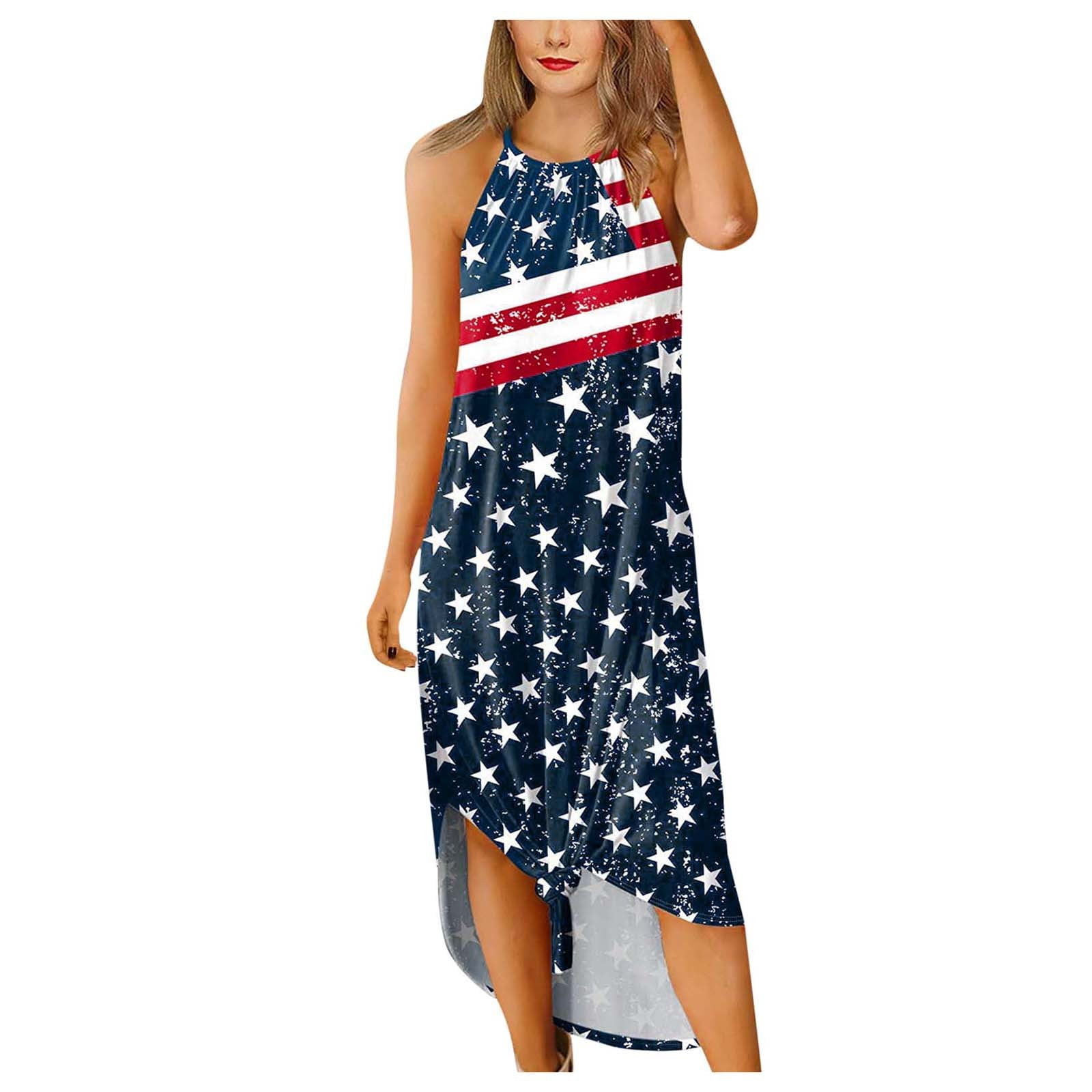 Dress for Women Womens Casual Summer Mini Sleeveless American Flag/Floral Print Short Tank Dress A-Line Beach Sundress 