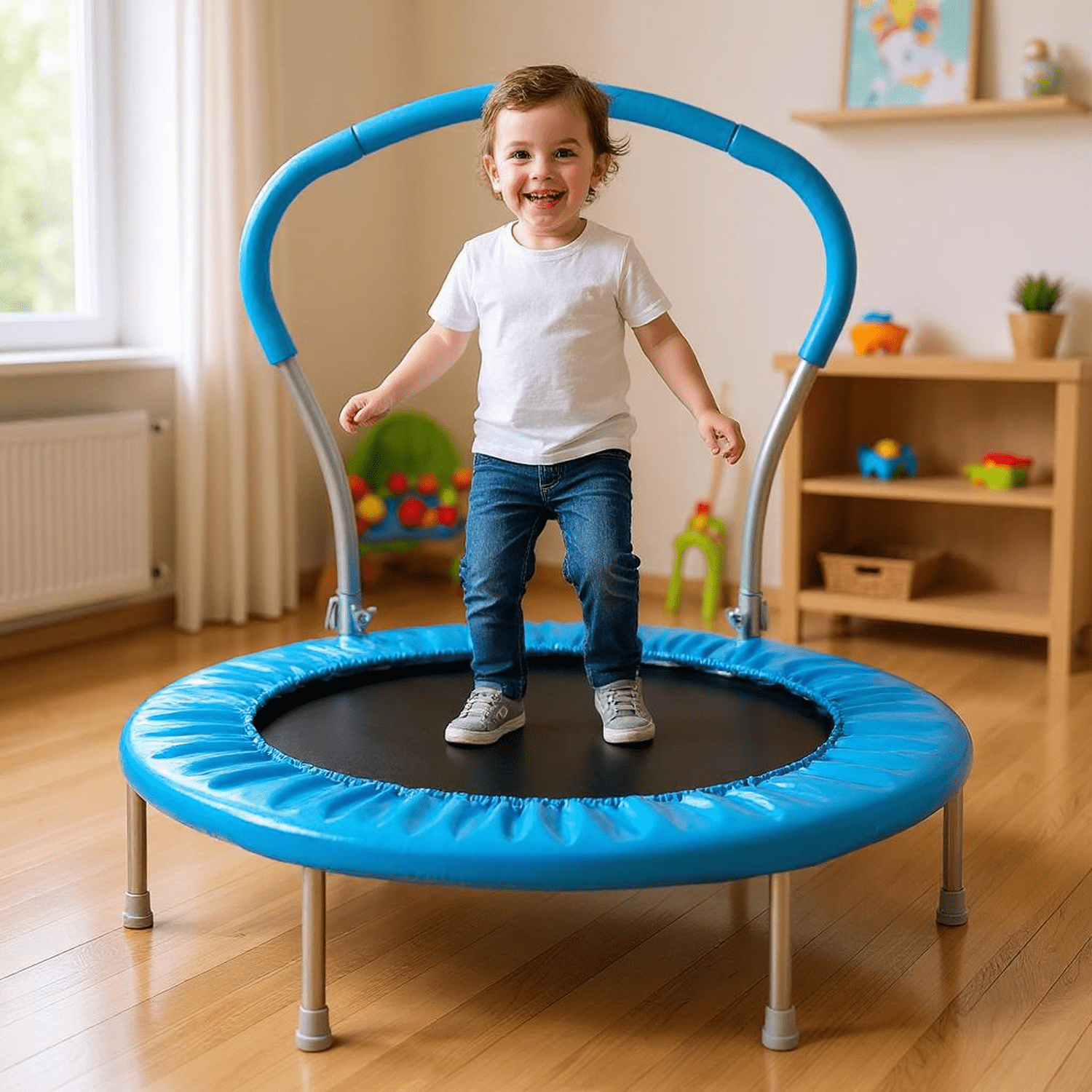 Homy Casa Kids Indoor Trampoline with Handrail – Compact, Safe Playtime for Children, Blue