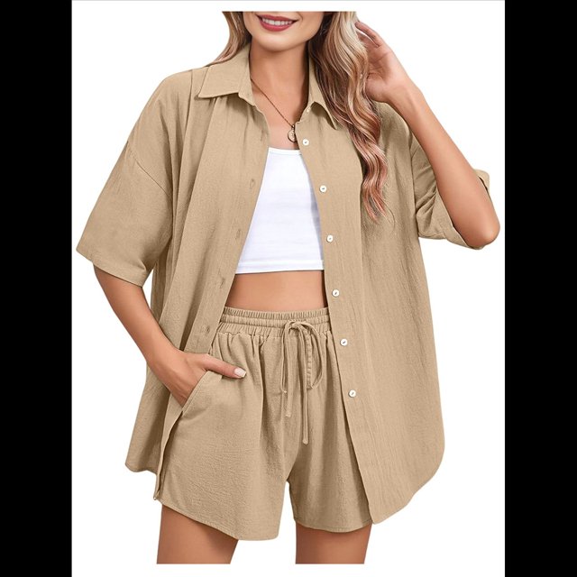 Conjunto de Chándal de 2 Piezas para Mujer, de Verano, con Top de Corta y Pantalones Cortos. Caqui XL