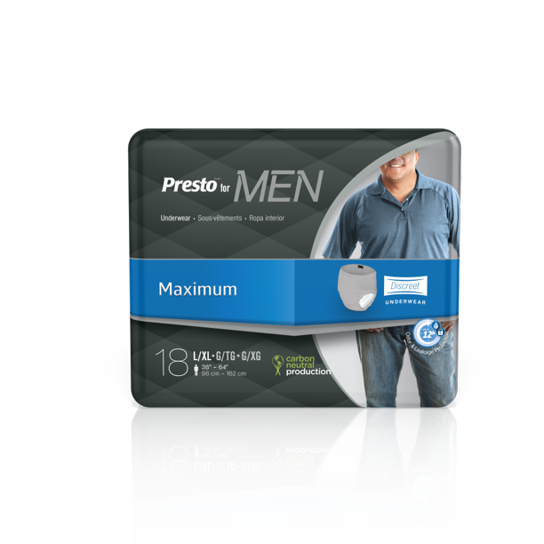 Presto Maximum Discreet Incontinence Underwear For Men Disposable, Odor Eliminator, Large/X