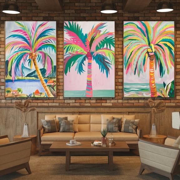 3pcs Tropical Palm Tree Canvas Wall Art Set - Waterproof Modern Minimalist Beach Paintings with Vibrant Pink, Blue, Green & Yellow Colors - Frameless Wrapped Canvas for Living Room, Bedroom, Office