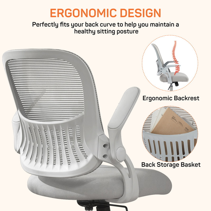 Office Desk Chair, Ergonomic Mid-Back Mesh Chair with Wheels, Comfy Lumbar Support with Flip-up Arms for Home office, Gaming, Study, Gray
