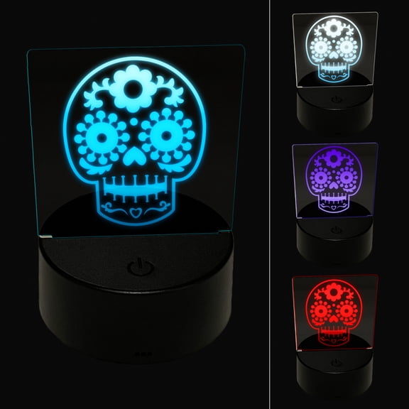 Happy Floral Sugar Skull Dia De Los Muertos LED Night Light Sign 3D Illusion Desk Nightstand Lamp