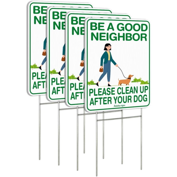 Faittoo Clean Up After Your Dog Signs, (4 Pack) 12"x9" Double Sided with Metal H-Stake No Poop Signs for Lawn, No Pooping Dog Signs for Yard Waterproof, Weather Resistant, Easy to Mount