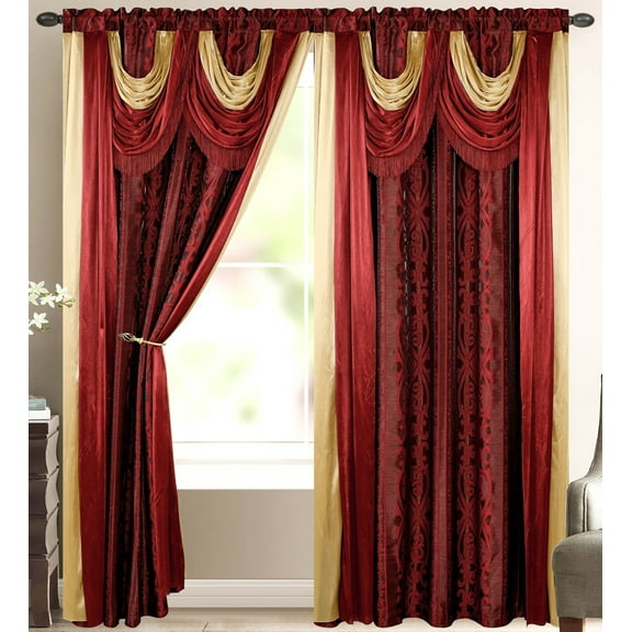 Elena Luxury Jacquard Curtain Panel with Attached Waterfall Valance & Scarf 54 by 84-Inch Burgundy