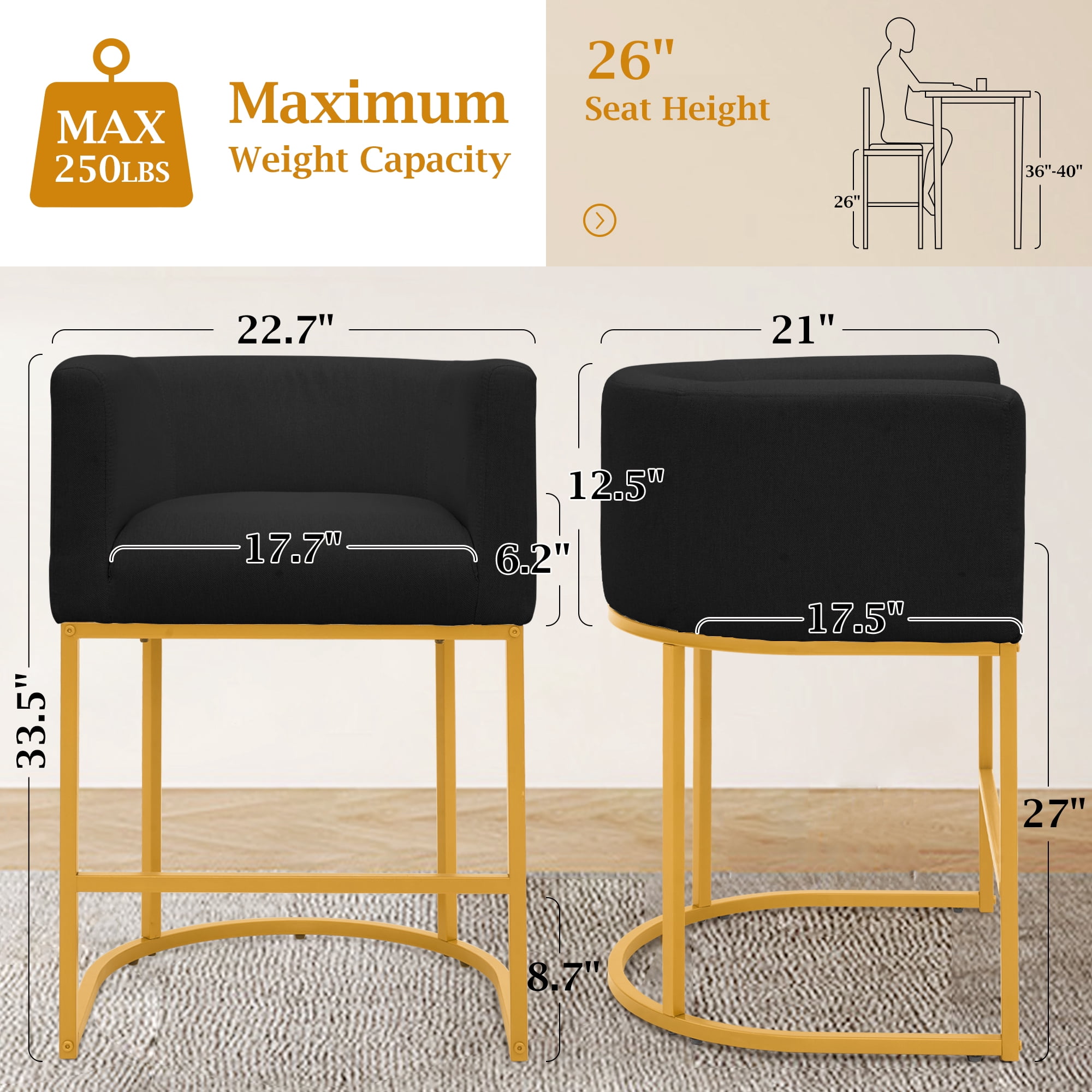 FANCROU 26" H Counter Height Bar Stools Set of 1, Fabric Barrel Stools with Back and Arms, Black-Golden Leg