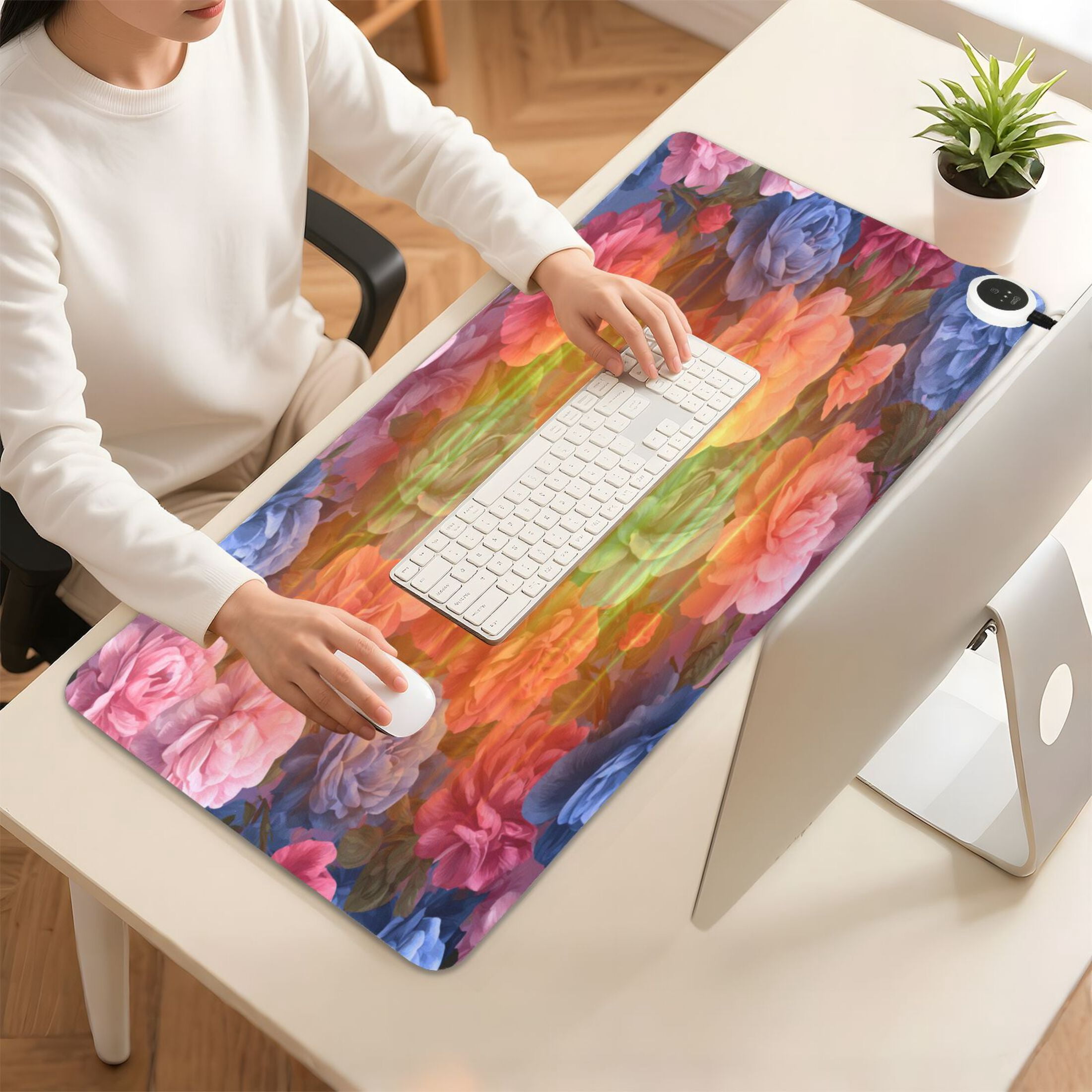 Large Heated Desk Mat Mouse Pad 31.5"x13"PU Leather Graphene Heating Desk Warmer with 3 Temperature Settings 110V US Plug Non-Slip Warm Pad for Home, Office, and Gaming Lush Peony Bouquet Print