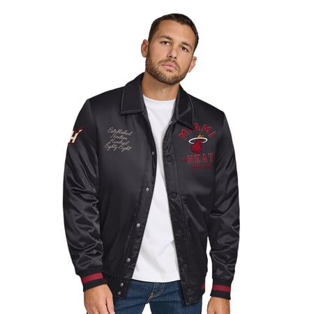 Men s Tommy Jeans Black Miami Heat Jacob Chain Stitch Applique Full-Snap Varsity Jacket