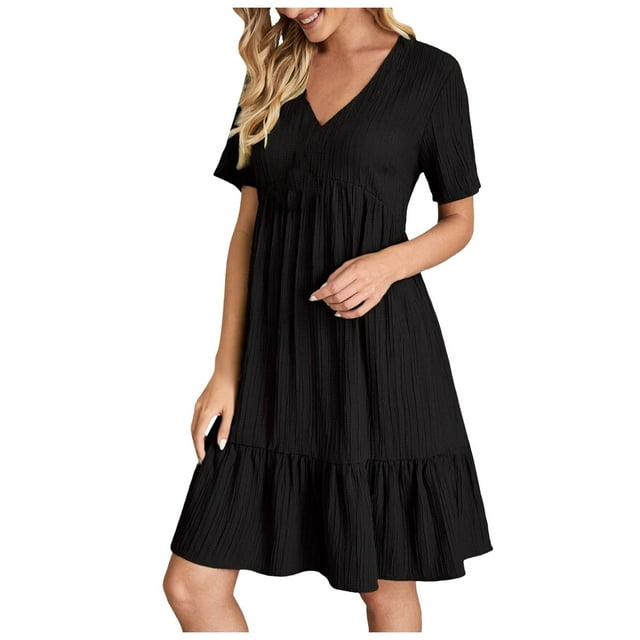 Summer Dresses for Womens V Neck Flutter Sleeve Flowy Short Dress Casual Midi Dress A Line Ruffle Tiered Swing Dresses
