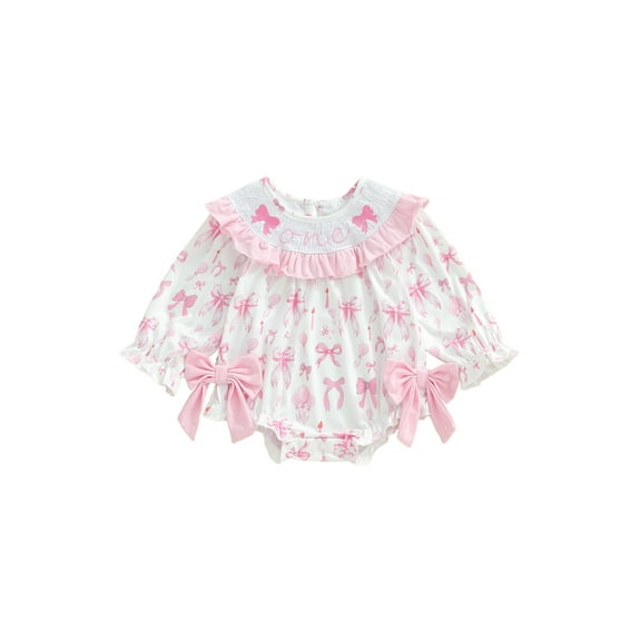 Miaouyo Newborn Baby Girls Birthday Fall Romper Bow/Balloon Print Letter Embroidery Long Sleeve Ruffled Round Neck Jumpsuit