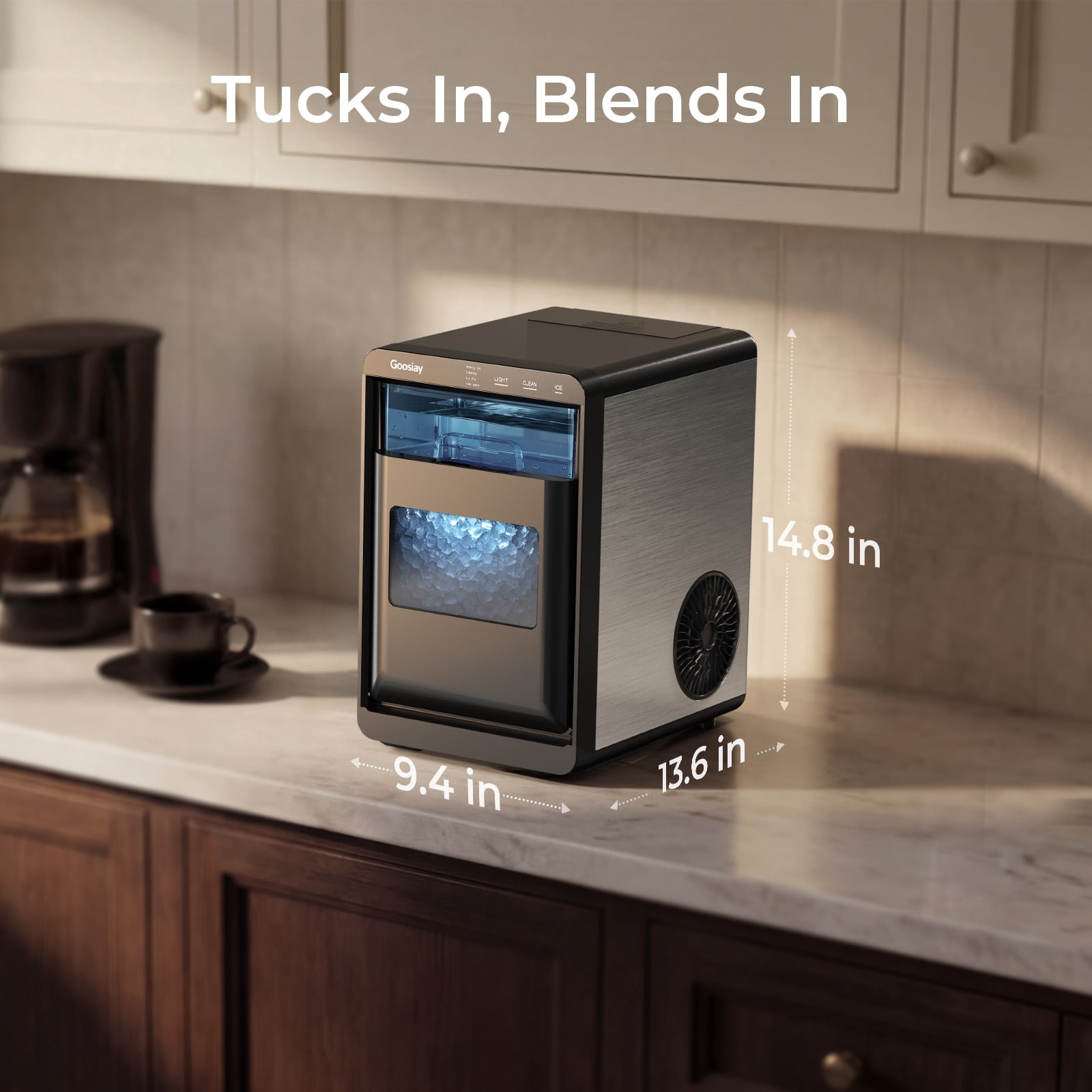 Goosiay Nugget Ice Maker Countertop, 44lbs per Day Portable Pebble Sonic Ice Machine with Soft Chewable Ice for Home, Kitchen, Office, RV, Camping, Stainless Steel, Black
