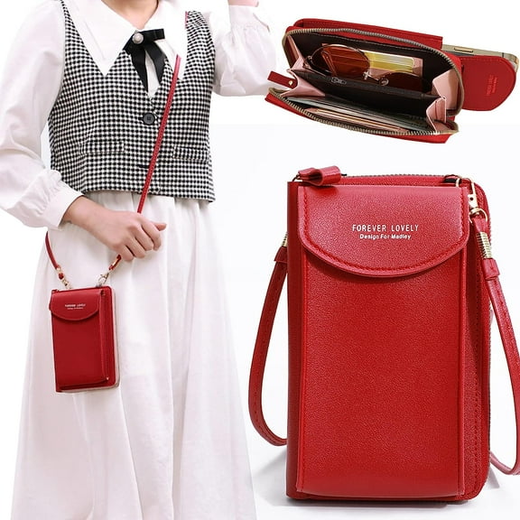 Cell Phone Purse Crossbody Case Compatible with iPhone 14 Pro Max 13 Pro 12 S23 Ultra S22, PU Leather Small Phone Purse Crossbody Strap Bag for Women, Universal Wallet Phone Holder Mini Handbag-Red