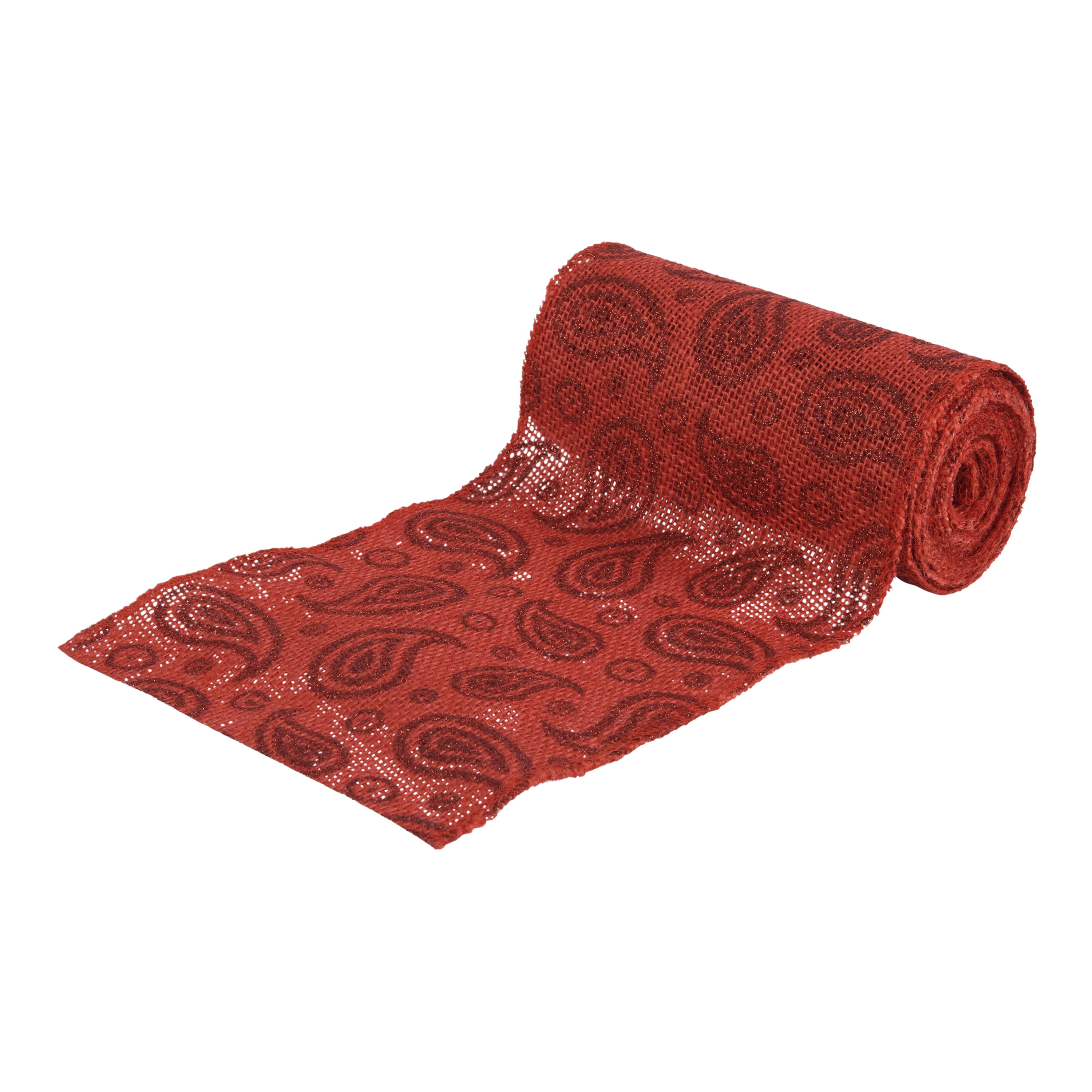 Love, Laugh, Craft Jute Burlap Roll Precut, Finished Edges, 6"W x 5-Yards, 740-24, Red Paisley Glitter
