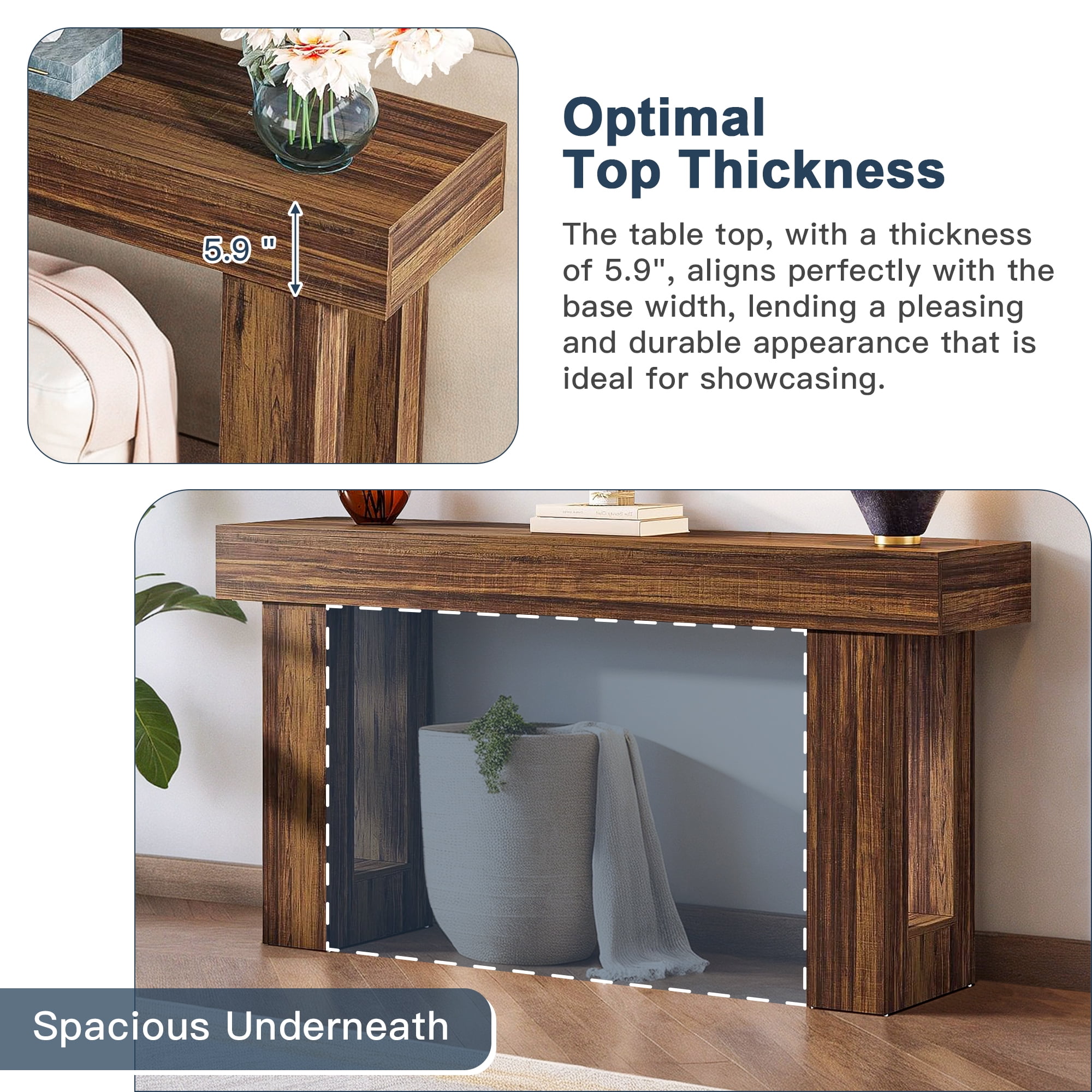 Demi Bonn 63" Console Table, Farmhouse Wooden Sofa Table Entryway Table for Hallway, Entrance, Living Room, Bedroom, Brown