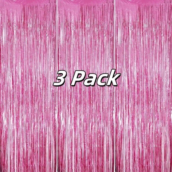 Rose Pink Metallic Tinsel Foil Fringe Curtains, 3 Pack Party Streamer Curtains for Birthday Party Decorations,Decor, Foil Curtain Backdrop for Bachelorette Party(3.2ft x 6.5ft)