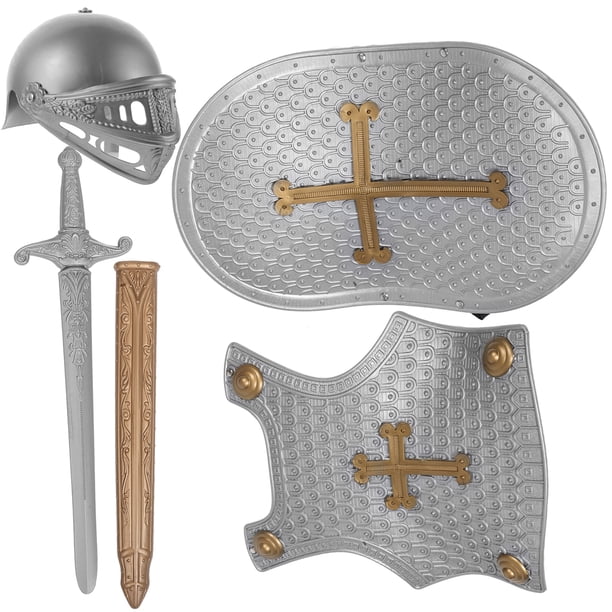 1 Juego de armadura de caballero de juguete, casco, escudo y espada, juguete de vestir, accesorios de actuación para Cosplay