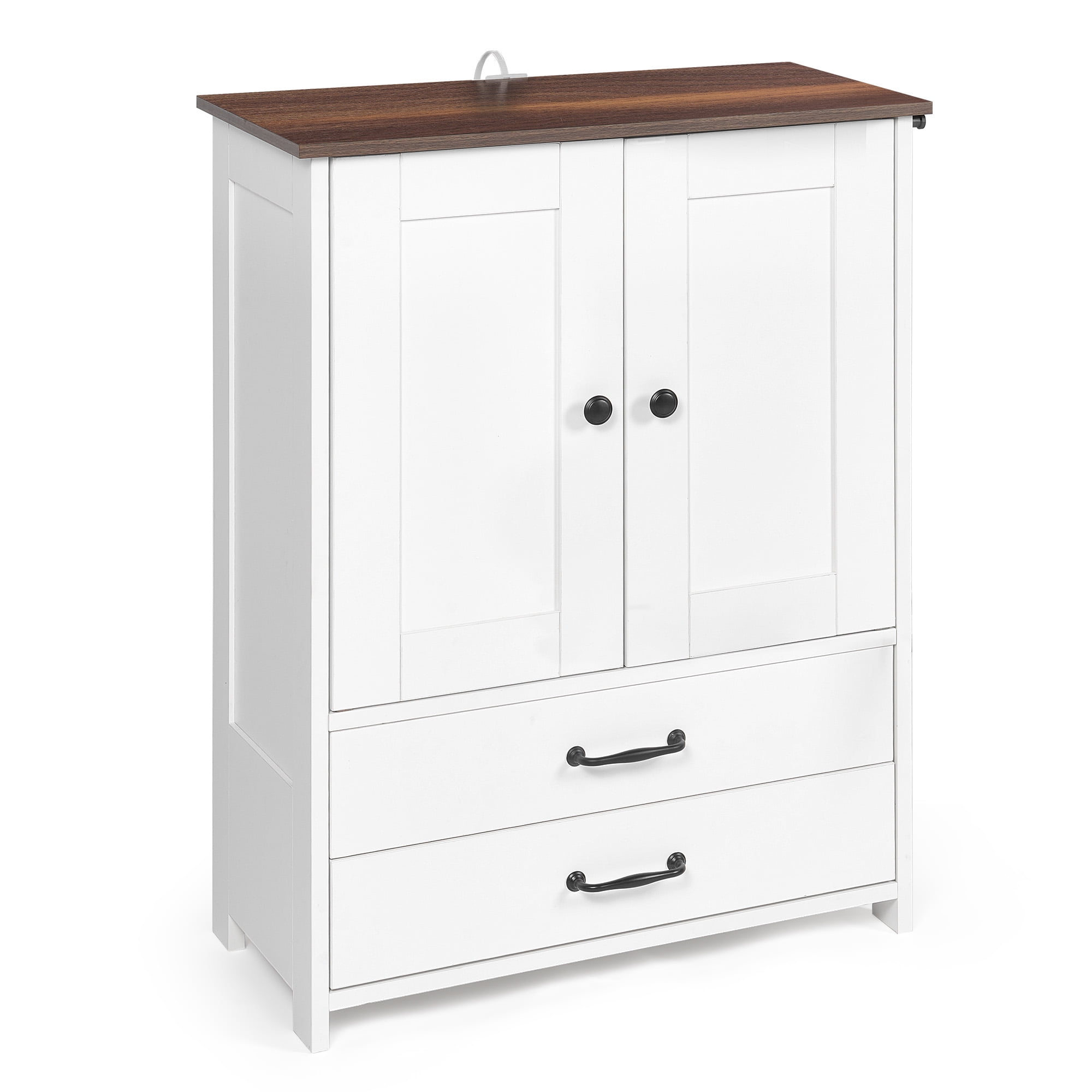 Dog Feeding Station, Double Door Locker With 2 Adjustable Dog Bowls, 3 Hooks On Right Side, White