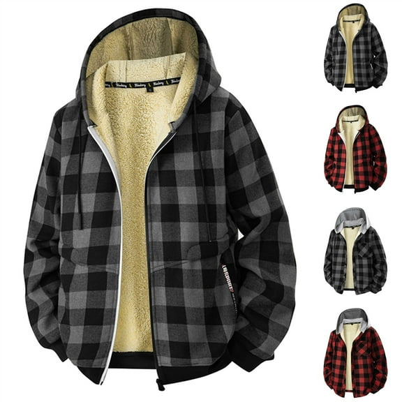 BiZtdJrK Men's Fleece Lined Plaid Shirt Jacket Long Sleeve Zip Up Sweatshirts Outdoor Warm Fleece Hoodies Fashion Clothes, Red, XXXL
