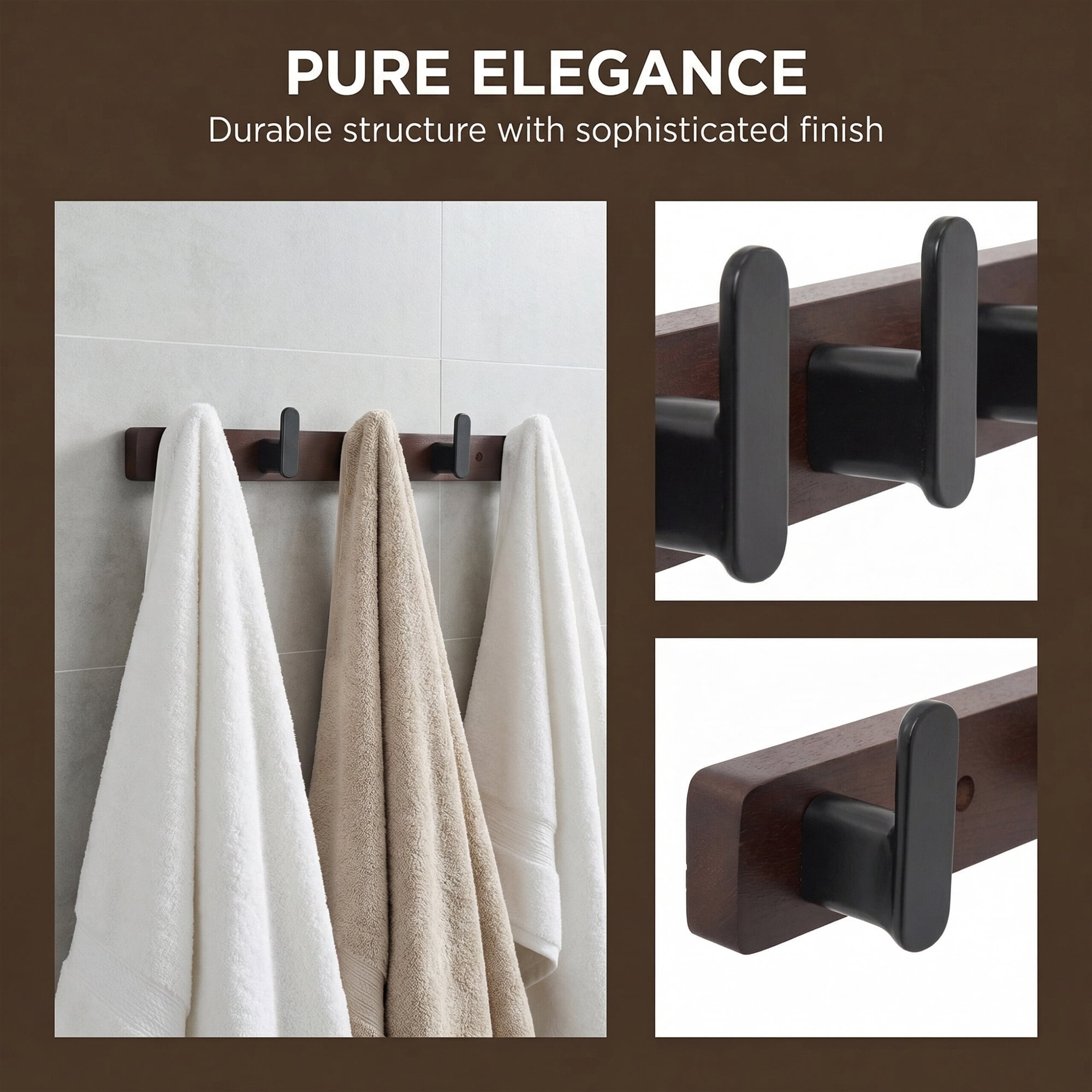 Unique Bargains Coat Rack Wall Mount Aluminum Wood 5 Hooks for Hanging Entryway Black