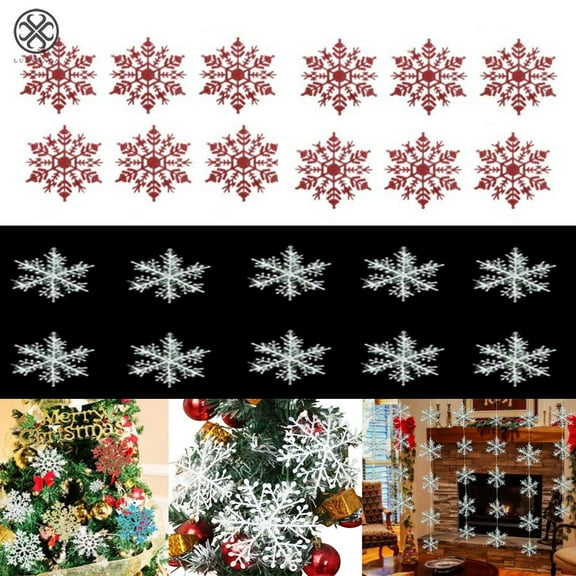 Luxtrada 22Pcs 2 Design Plastic Shinny Glitter Christmas Snowflake Ornaments Christmas Tree Decorations Set White Sparkling Snowflakes String For Craft DIY Party Home Holiday Decoration