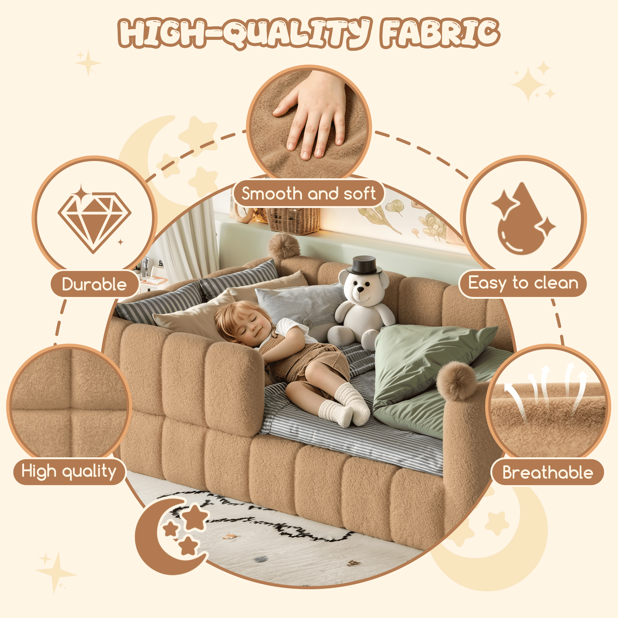 Howcool Montessori Upholstered Floor Bed,Full Size Low Toddler Bed with Full Surround Safety Rails, Natural