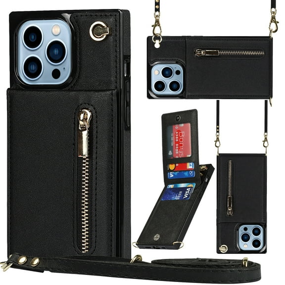 Crossbody Wallet Case for iPhone 16 Pro Max, Zipper Pocket Case with Card Holder, PU Leather RFID Blocking Protective Cover Case with Kickstand Detachable Wrist Strap Lanyard, Black
