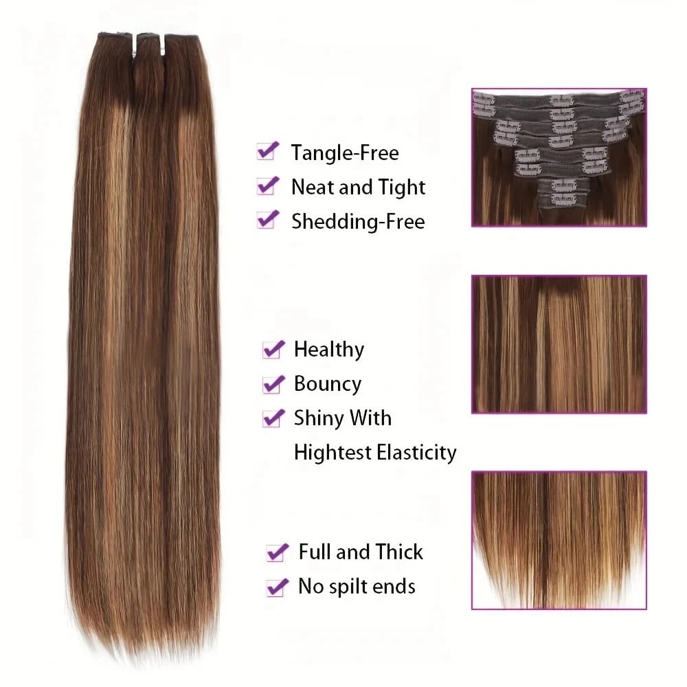 Highlight Color Hair Extensions #4/27 Clip In Straight Real Human Hair Double Weft 8 Pcs Clip Ins Extension