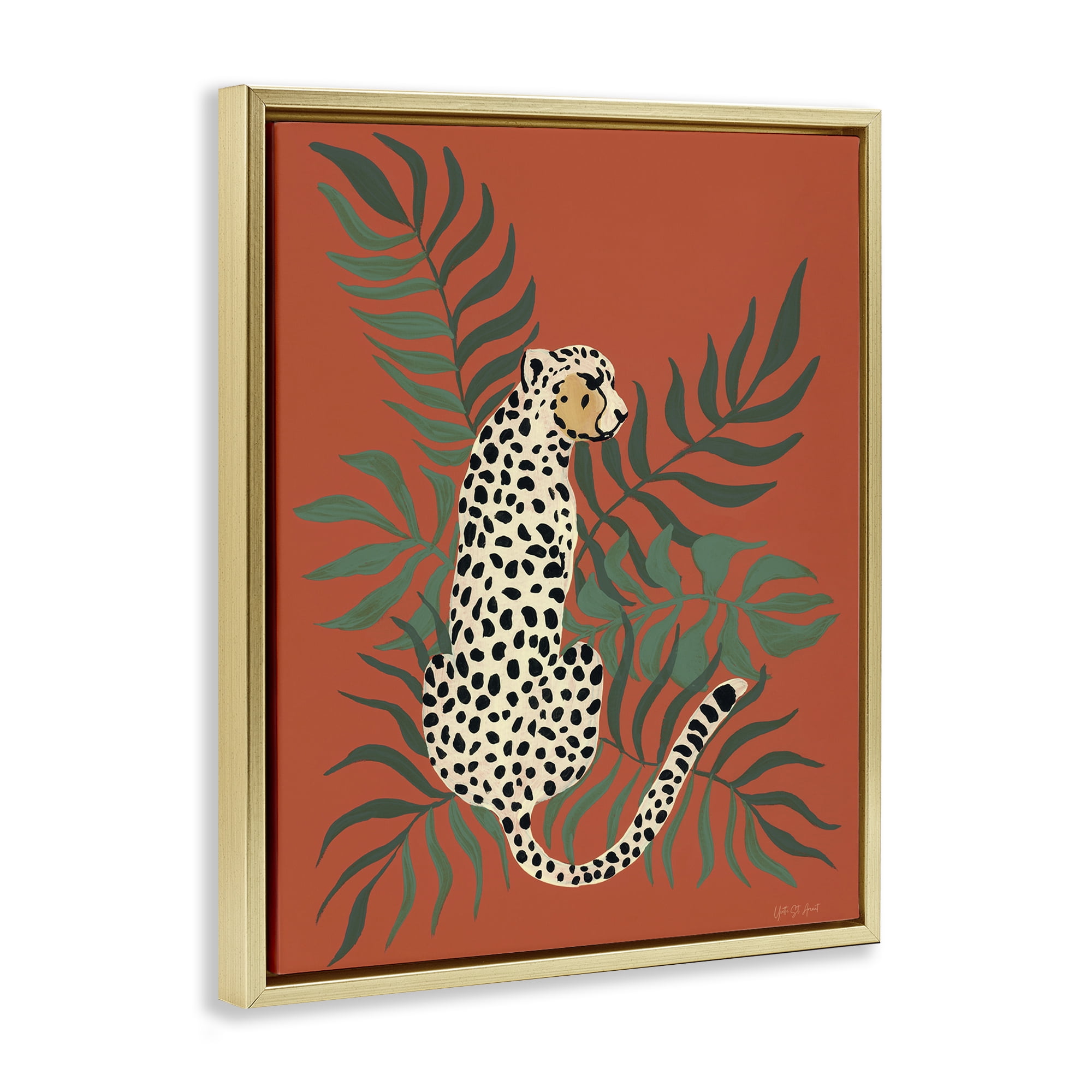 Stupell Industries Leopard & Palm Leaves Animals & Insects Painting Gold Floater Framed Canvas Art Print Wall Art, 17 x 21