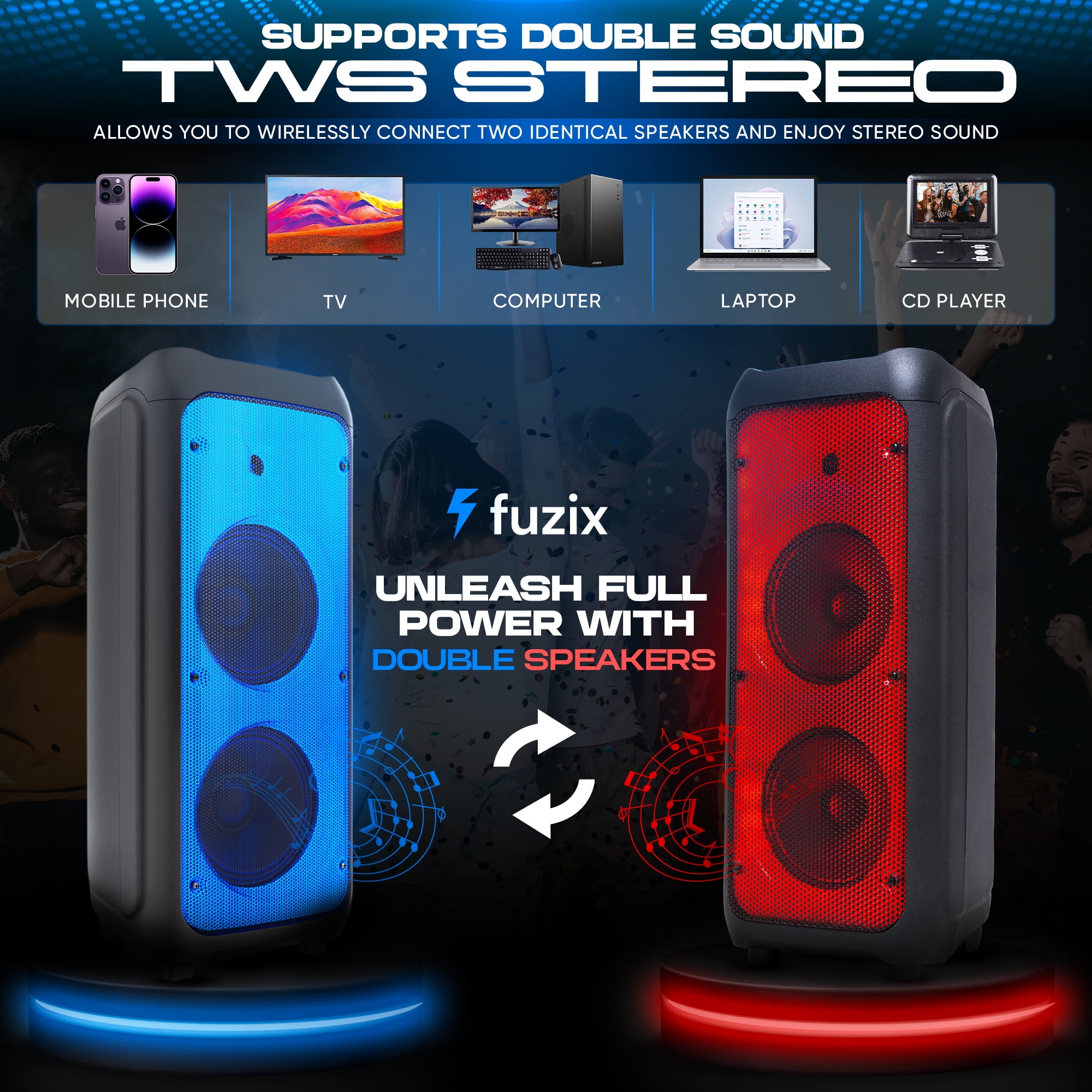 Nova Portable Rechargeable Karaoke Bluetooth Speaker by Fuzix – Dual Wireless Microphones, Dynamic LED Lights, FM Radio, USB, Micro SD with Remote Audio Card Remote Control