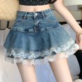 thumbnail image 2 of Women's Elastic Denim Pleated Skirt, High Waisted A-Line Jean Short with Pockets, Comfortable Casual for Everyday Wear, Home, Leisure Activities, 2 of 7