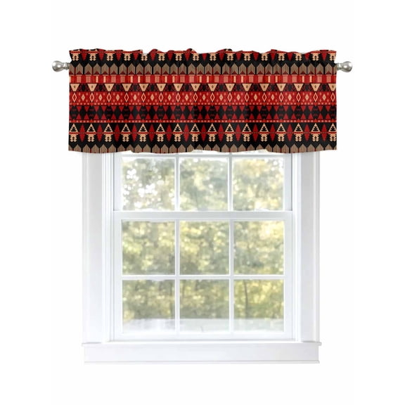 Red Aztec Boho Valances for Windows, Rod Pocket Kitchen Valance Curtains - Soft & Washable Small Window Treatment for Living Room, Bathroom, Tribal Geometric Pattern 54x18inch, 1 Panel