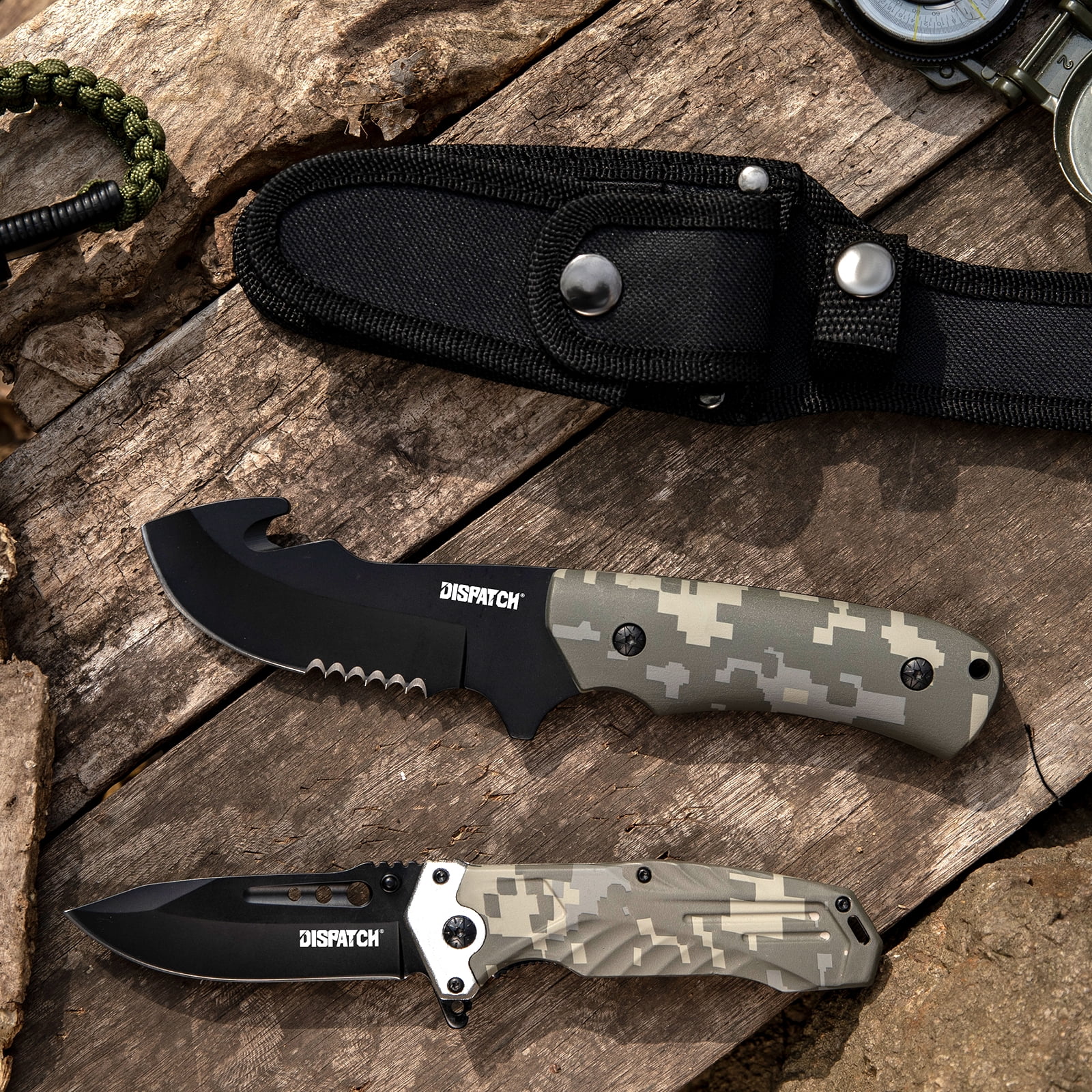 Dispatch 8.39" 2PCS Fixed Blade Knife, Hunting Knife Set ,Folding Knife Set with Nylon Sheath, EDC Knife