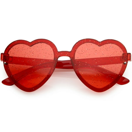 Women's Translucent Rimless Heart Sunglasses Glitter Lens 52mm (Red)