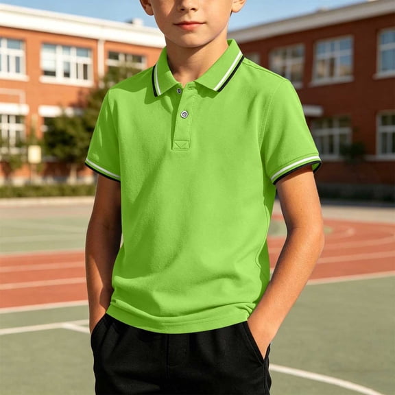 BRGZLK Boys School Uniform T-Shirts 2026 Trendy Striped Turn Down Collar Short Sleeve Casual Polo Shirts Summer Golf Blouse Back to School Clothes Green A 9-10 Years