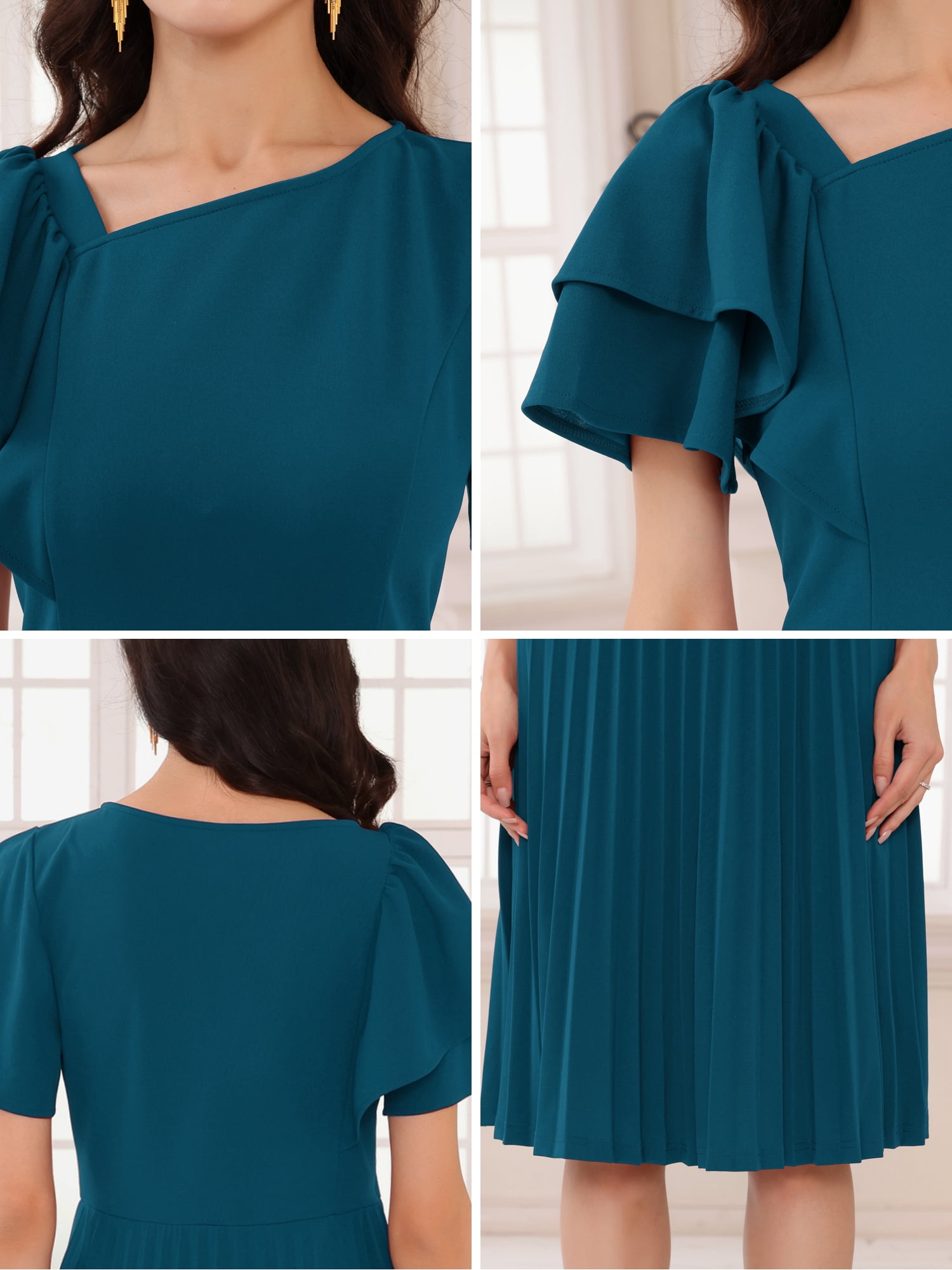 DARING DIVA Ruffled Sleeve Midi A-Line Pleated Work Dress XL Peacock Blue