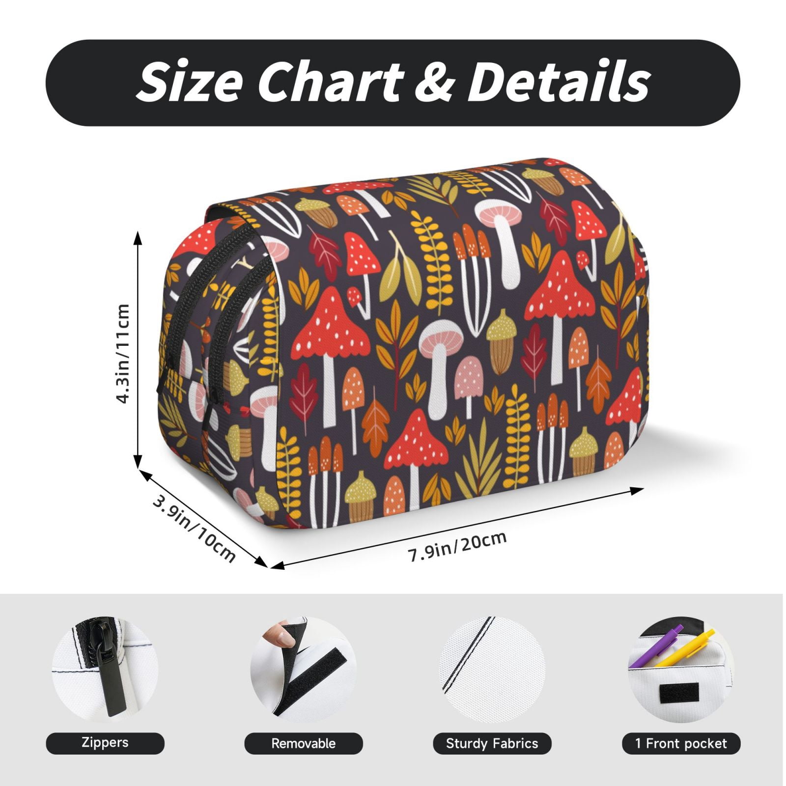 Rateoe Mushrooms And Leaves Pattern Double Clamshell Pen Case, Storage Organizer with Two Zipper Compartments– Holds Up to 50 Pencils & Pens