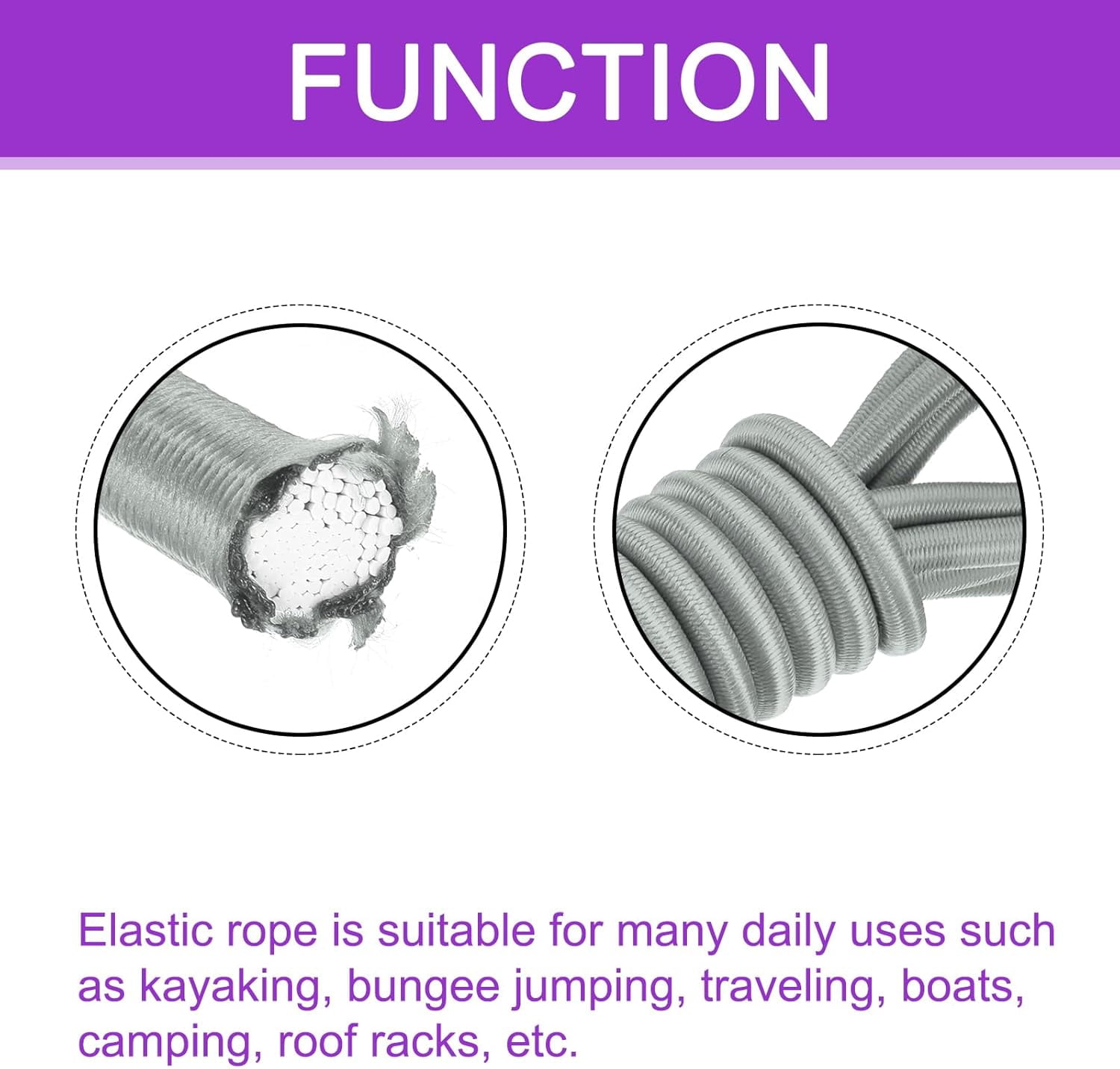 MKEUDQ-0.4 Inch Shock Cord, 10 Feet Grey Bungee Cord Tent Pole Shock Cord Round Elastic Kayak Rope Stretch String Marine Grade Heavy Polyester for DIY Projects Tie Downs