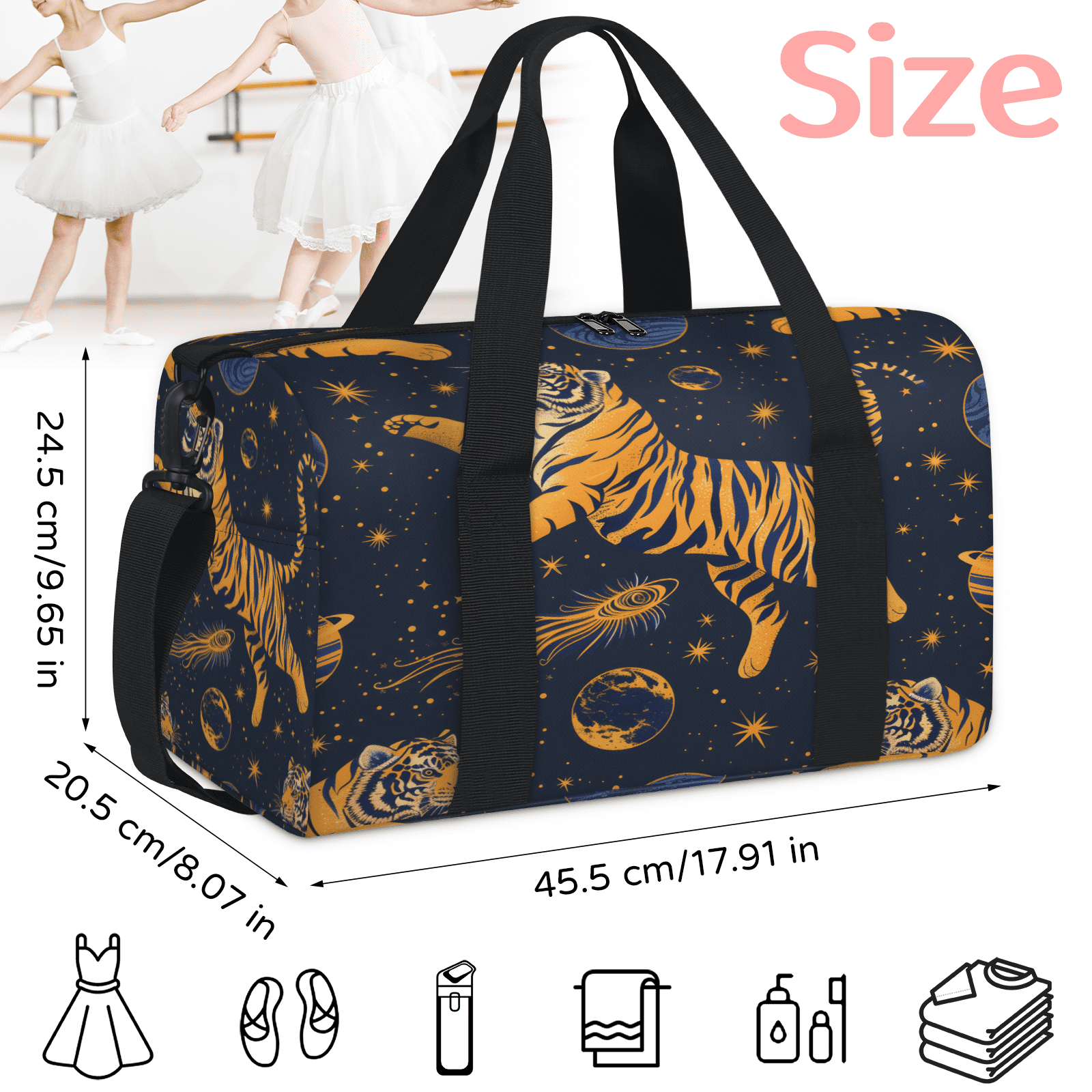 Herdesigns Tiger Gym Bag for Women, Duffle Bag for Travel Sport, Moon Star Lightweight Waterproof Carry on Weekender Dance Yoga Workout Bags