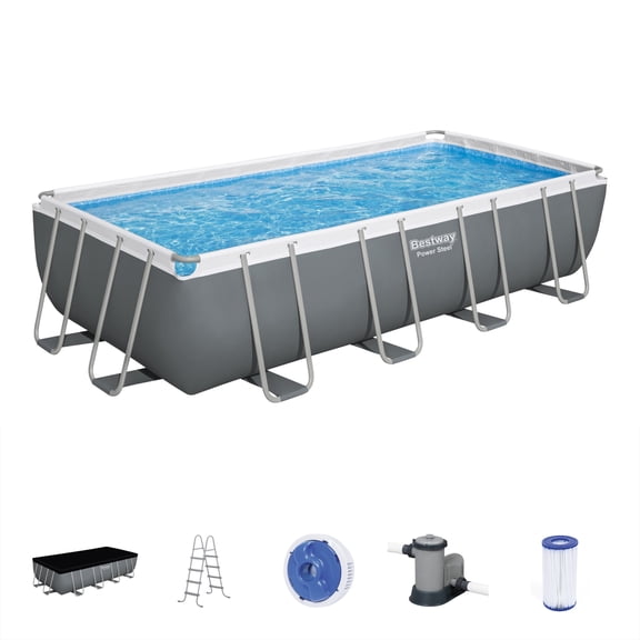 Bestway Power Steel 18’ x 9' x 48” Metal Frame Above Ground Pool, Gray