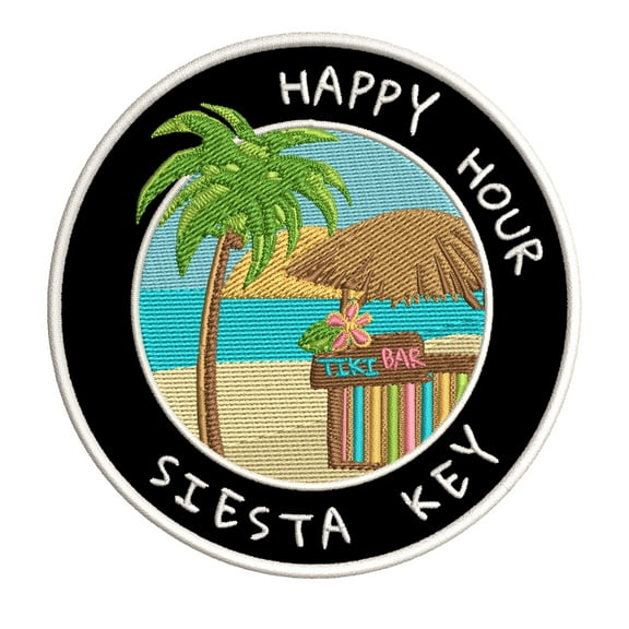 Happy Hour! Siesta Key, Florida 3.5 Inch Iron Or Sew On Embroidered Fabric Badge Patch Ocean Beach, Salt Life Iconic Series