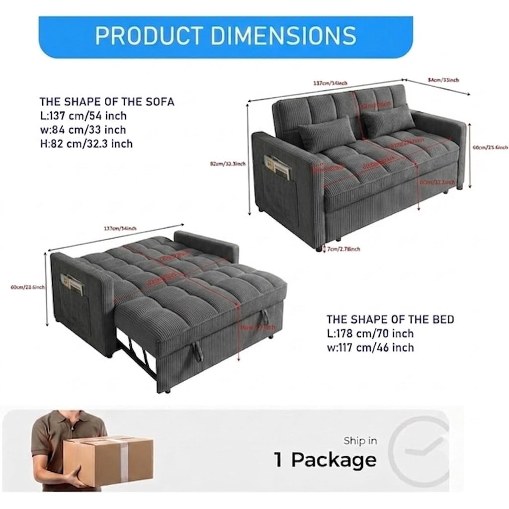 Howcool Sleeper Sofa Bed, Pull Out Couch, 3-in-1 Convertible Loveseat Sofa with Adjustable Backrest, Corduroy Couch for Living Room, Apartment & Small Space，Dark Grey