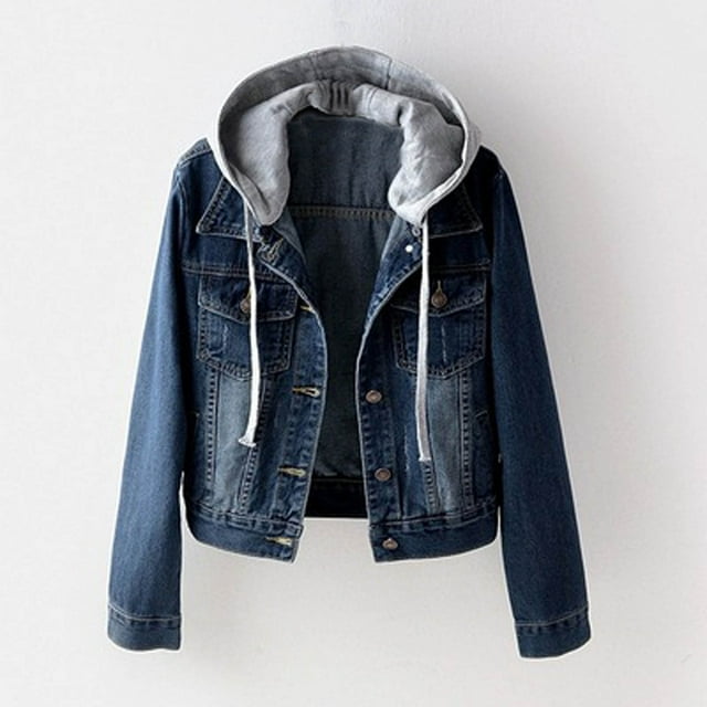 TIMIFIS Women's Hooded Denim Jean Jacket Washed Long Sleeve Button Jean Jacket Sweatshirt Hoodie Denim Jacket Spring Fall Coat-Dark BlueFall/Winter