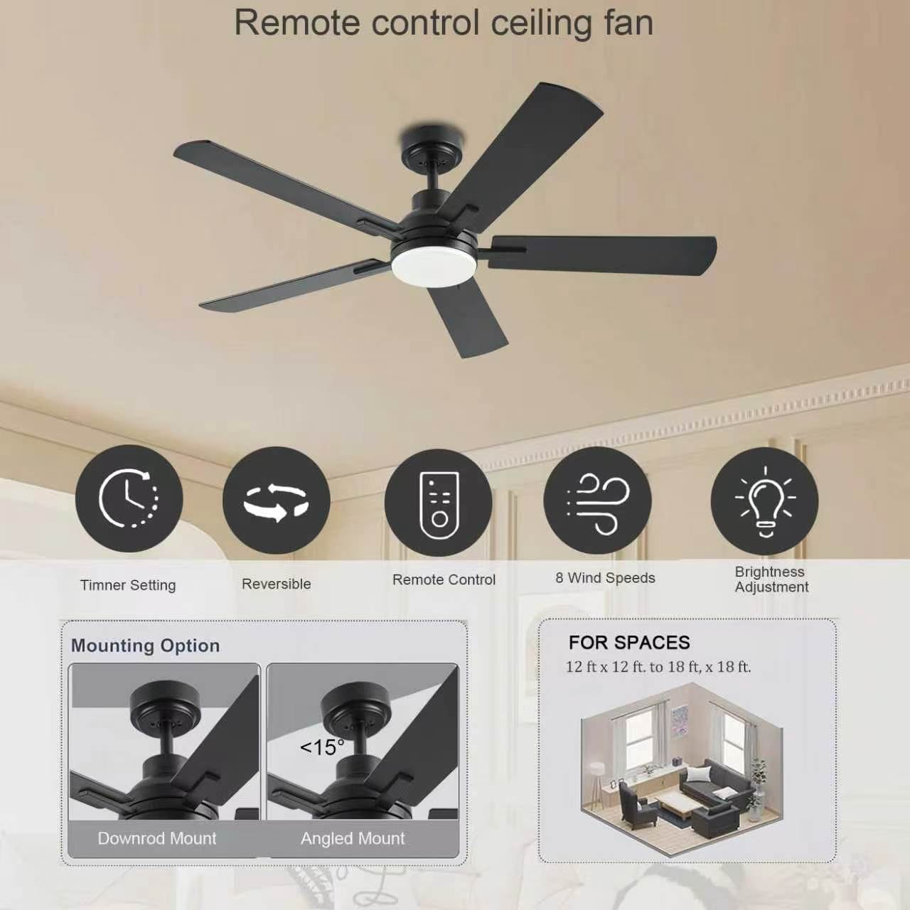 Low Profile Ceiling Fan with Lights, 52 inch Modern Black Ceiling Fans with Lights APP/Remote Control,6 Speeds Ceiling Fan Light for Indoor/Outdoor Patio Bedroom Living Room