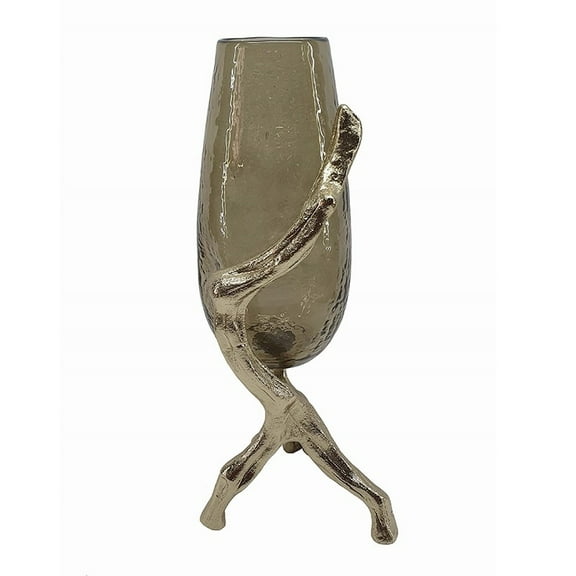 A&B Home  18-inch Gold Vase Aluminum with Textured Pinched Deep Olive Glass