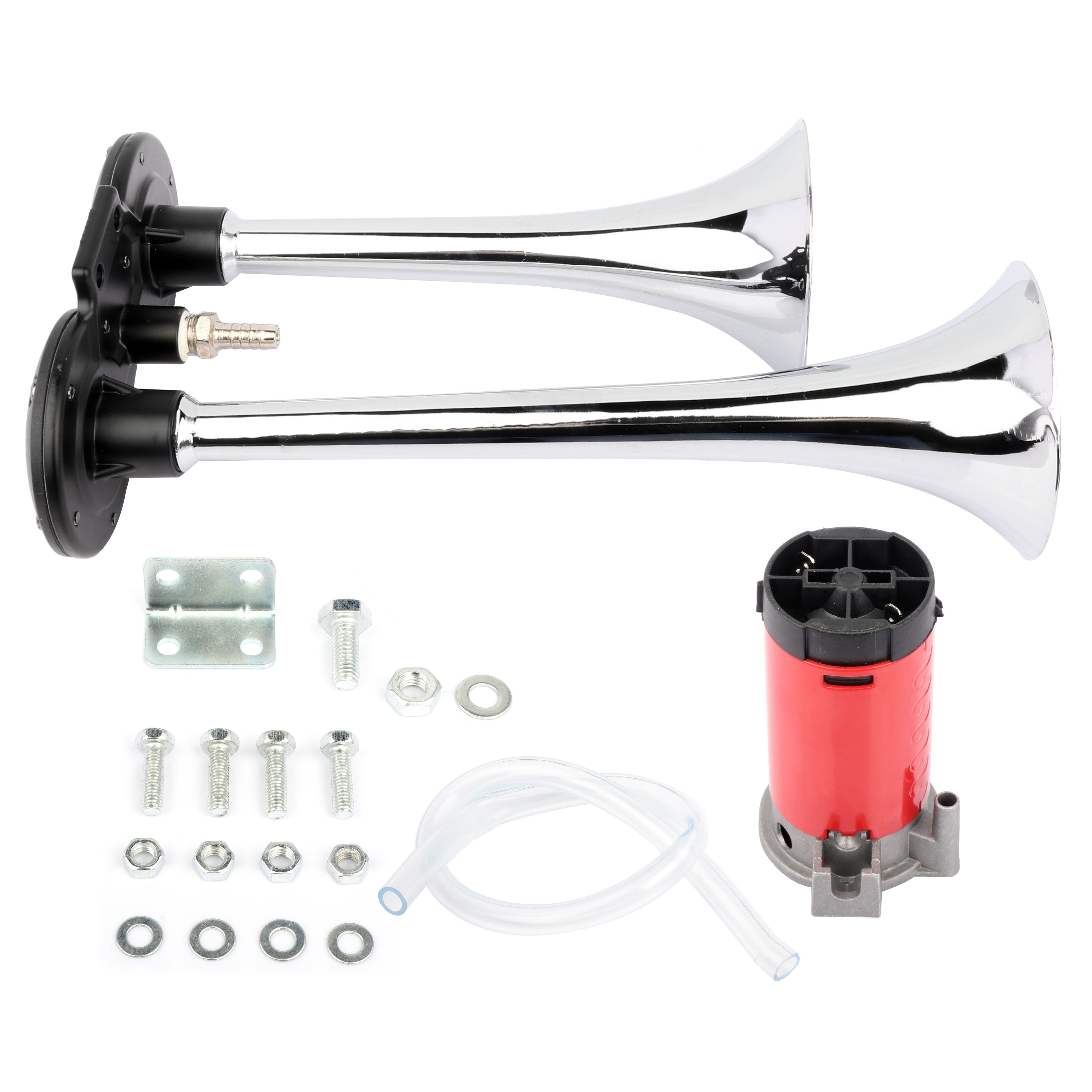 Dual Trumpet Air Horn Loud Air Horn with Compressor12V 105db,chrome zinc  silver red Trumpet with Compressor chrome zinc(double horn(silverï¼‰pumpï¼ˆred)ï¼‰  , Dual Trumpet Air Horn for Any 12V Vehicles 