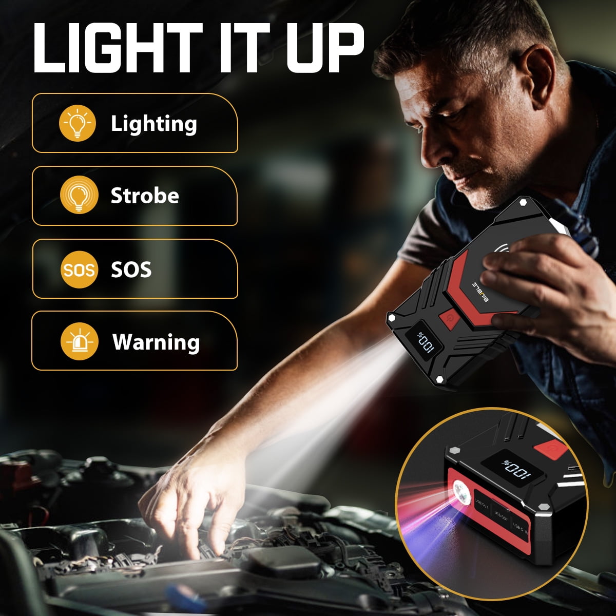 BIUBLE 5000A Car Jump Starter Battery Pack, 12V Battery Booster Charger with USB-C Quick Charger (All Gas/8.0L Diesel Engine), Portable Lithium Jump Box with LED Light & Wireless Charging